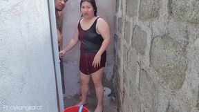 Filipina bath babe gets down and dirty outside, gets pounded by BBC