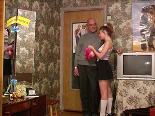Bald guy makes slutty Russian teen horny for a quickie with him