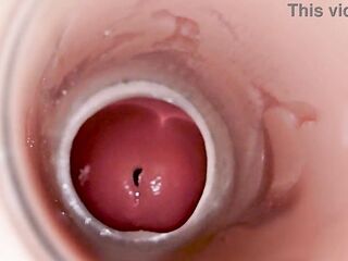 Camera inside unfathomable vagina captures giant spunk fountain of jizz