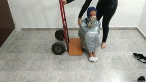 Ball Tied Latina Transported Away On A Box Mover By A Greedy Catsuit Burglar!