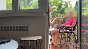 hubby handjobs while spraying cum infront of my stepsis on the balcony