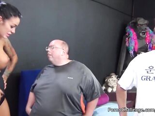 Giant corpulent guy gets favourable with three hawt porno sweethearts