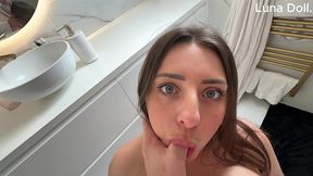 i’m get fucked in my bathroom. i put his cock my mouth to make deep throats. he plays with my big tits and cums all over my face - luna doll