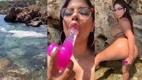 very horny latina masturbating on a beach in ibiza