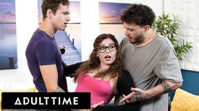 Two dudes, one teen, one hot mess: BF and bestie gangbang Leana Lovings