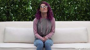 MMF casting for a petite purple-haired babe with a shaved pussy