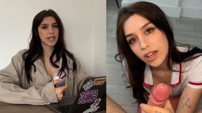 Sinful secretary slurps jizz and slobbery cocks with precision