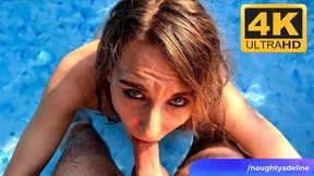 Blonde slut giving a sloppy outdoor blowjob in the pool with cum in mouth 4K