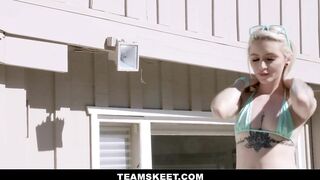 Tiny Gal Lola Fae doing Yoga in Bikini Fucks Mom's Boyfriend by the Pool