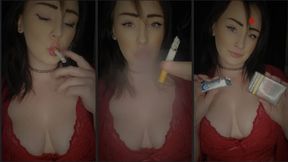 Chewing gum whilst smoking wearing my tight little red dress