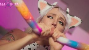 Cute cow girl is captured by two tentacles dildos and double penetrated in her holes