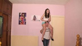 Sophie's Shoulder Ride In Skimpy Shorts
