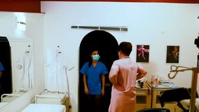 Anal examination by the young apprentice and the mature head nurse