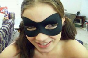 Masked brown haired girlfriend gives me deepthroat blowjob