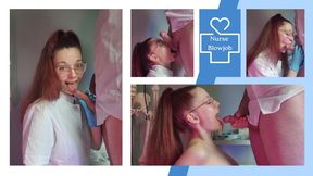 Hot nurse giving head and getting covered in cum