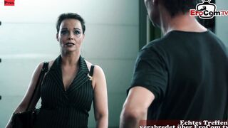 Curvy German Mom with long natural boobs boned inside a MMF threesome into her ebony pantyhose
