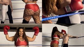 Female BBW knocks out skinny masked wrestler