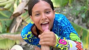Country Bumpkin Babe with Angel Face Gobbles Cum Roadside