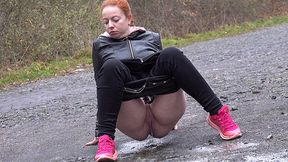 Redhead Pees Outdoors