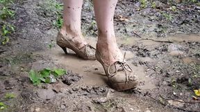 high heels destruction, high heels in deep mud, messy high heels, wrecked shoes, muddy boots