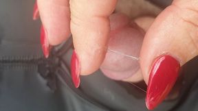 Miss M handjob pre cum in a bondage sack