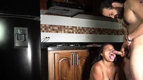i try to cook but my stepsister doesn t let me n  i fuck her in the kitchen until i cum on her face