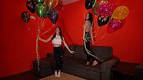 Girls sit pop two bunches of helium balloons **4K**