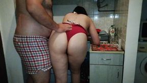 Curvy student fucked in the kitchen by a big cocked guy