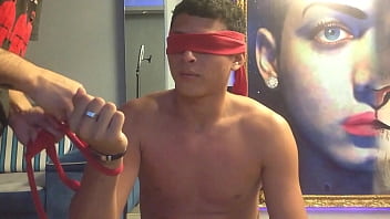 Hot jock gets blindfolded and tie up to receive his birthday surprise