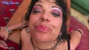 italian milf enjoys two cocks one black and one white, in her ass and pussy before eating all the cum