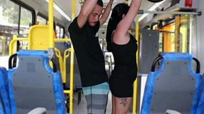 Grumpy old man ejaculates while touching the brunette on the bus