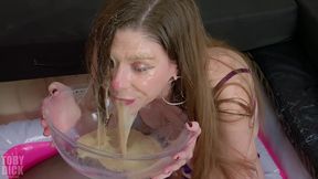 piss spew face in the bowl - alice maze in extreme piss recycling - she brings it up and drinks it over and over