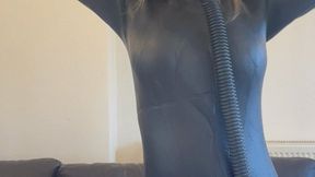 scuba wetsuit , kinky face harness mask breathing from tank cum