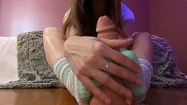Fuzzy sock foot job and cum countdown