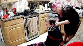 Miss M has a man tighty bound and gagged in pyjamas on kitchen floor