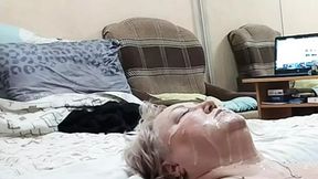 Mom's pungent face drenched in dick&#x1F32D; juice after multiple nuttings on her lips