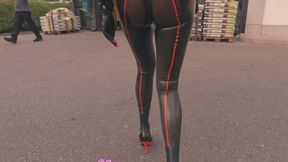 Shopping Time Pierced Latex Girl in Transparent Ishtar and Brute Demask Ass Shaping Leggings, Blouse, Jacket, Demask Corsett & Gloves walks in the city and shopping at grocery store with piercings rings hanging out & Masturbating Rubber Dildo PART II