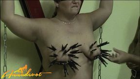 As her tits bounced out, I pinned 'em tight with pins, not clothespins, but you get the vibe