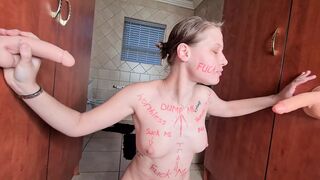Wortless trashy hoe full of body writing using two toys and fantasizing how she gets spitroast