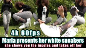 4K 60 fps | Maria presents her white sneakers, which she wears with nylons She shows you the insoles takes off her nylons and puts her cheesy feet in your face