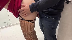 Office bathroom sex with a tall, big-assed secretary ends in a creamy creampie