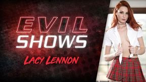 Slutty miniature redhead chick Lacy Lennon opens her pussy for a dildo