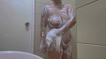 Horny Indian Desi Aunty Touching sexy soapy breasts and hairy pussy in the shower