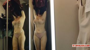 Seducing you in a fitting room. Sexy try on transparent clothes in the fitting room