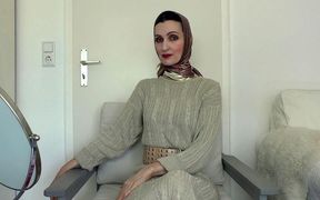 Satin Headscarves with a Beige Knit Dress