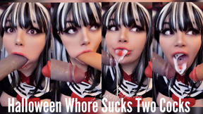Halloween Whore Sucks Two Cocks