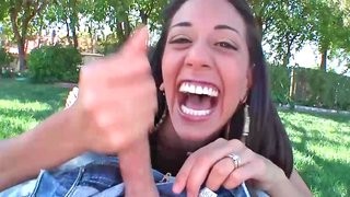 Endearing hottie Lyla Storm wanks her man's cock outdoors