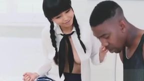 Eager Asian teen in uniform takes a massive BBC reverse cowgirl