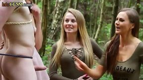 Forest Femdoms take turns pleasuring lucky sub