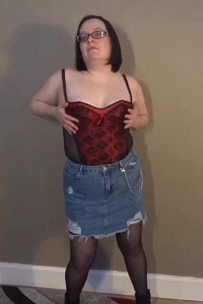 Striptease in Denim Skirt Basque Stockings and Heels